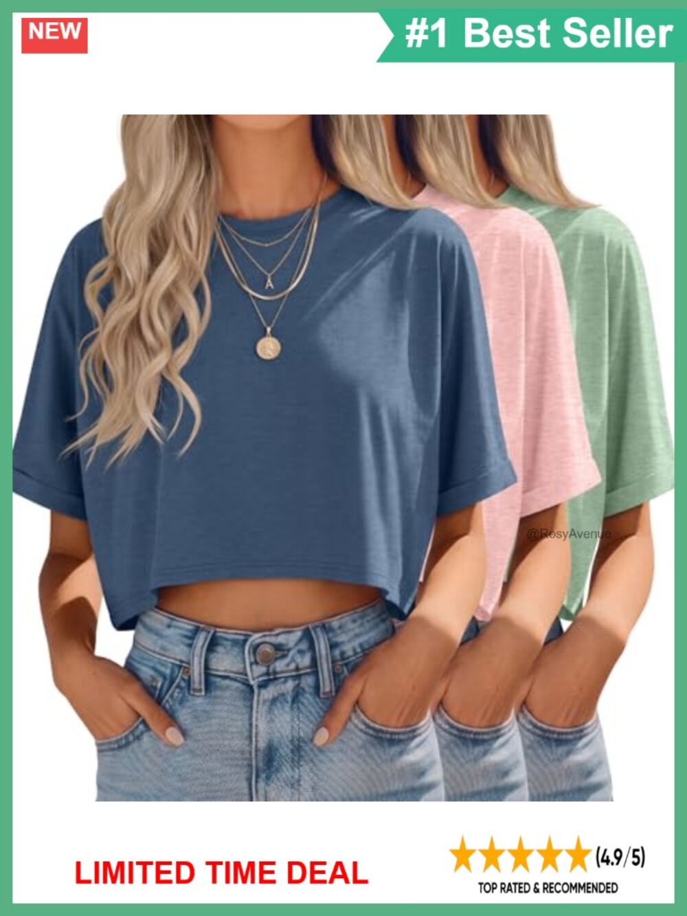 3 Pack Oversized Crop T Shirts Cotton Spandex Crew Neck Half Sleeve